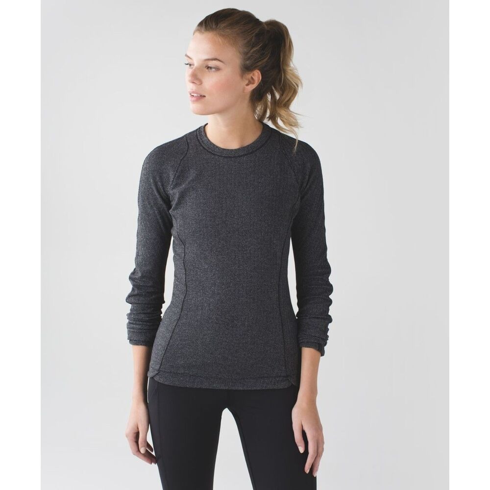 Lululemon Womens Runderful Long Sleeve 6 Herringbone Black Rulu Top W3M54S
